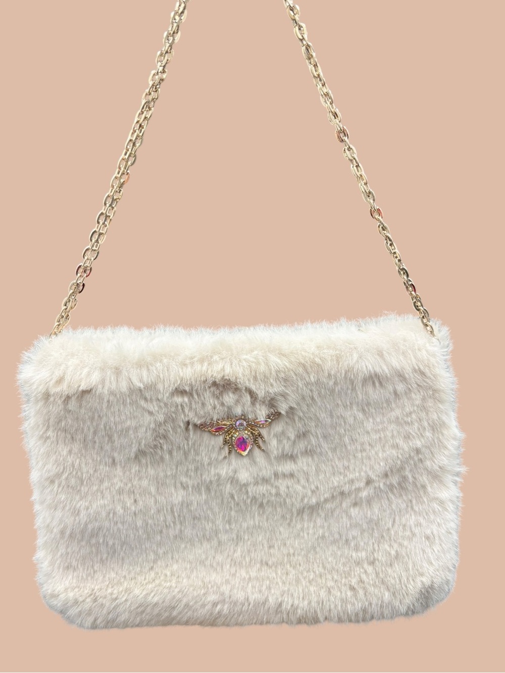 A New Day Cream Faux Fur Shoulder Bag with Jeweled Bee Accent